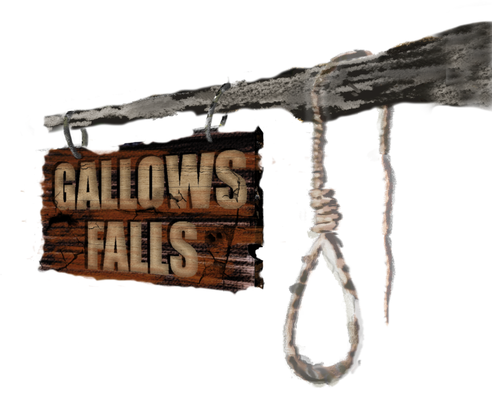 Log of rthe play Gallows Falls. An old wooden sign hanging from a tree limb next to a noose.